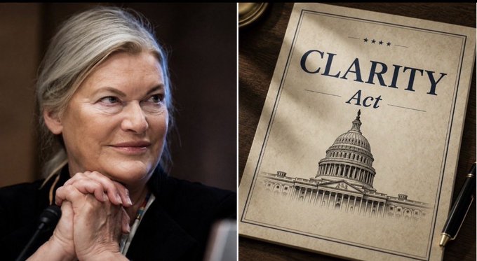 Split image showing a woman on the left and 'CLARITY Act' document with US Capitol illustration on the right.