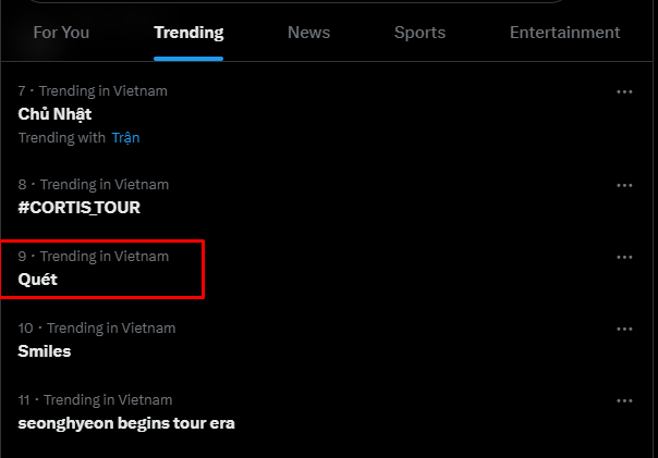 A Twitter/X trending list in Vietnam showing 'Quét' highlighted at #9, along with other trends including 'Chủ Nhật', '#CORTIS_TOUR', and 'Smiles'.