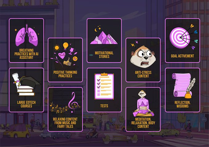 The image displays a menu of mental wellness app features including "Breathing Practices with AI Assistant," "Motivational Stories," "Goal Activation," "Positive Thinking Practices," "Anti-Stress Content," "Large Edtech Courses," "Relaxing Content from Music and Fairy Tales," "Tests," "Meditation, Relaxation, Body Content," and "Reflection, Wisdoms." This visual reinforces the post's message about prioritizing mental well-being by showcasing the diverse tools available to care for our minds beyond just crisis management.
