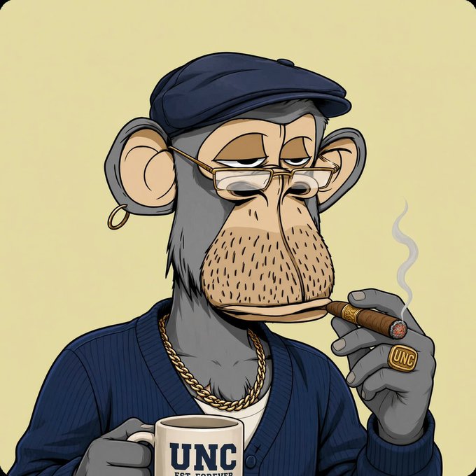 A cartoon illustration of a grey chimpanzee wearing a flat cap, glasses, a gold chain, and a blue cardigan, smoking a cigar while holding a mug that reads 'UNC EST BARRIER'.