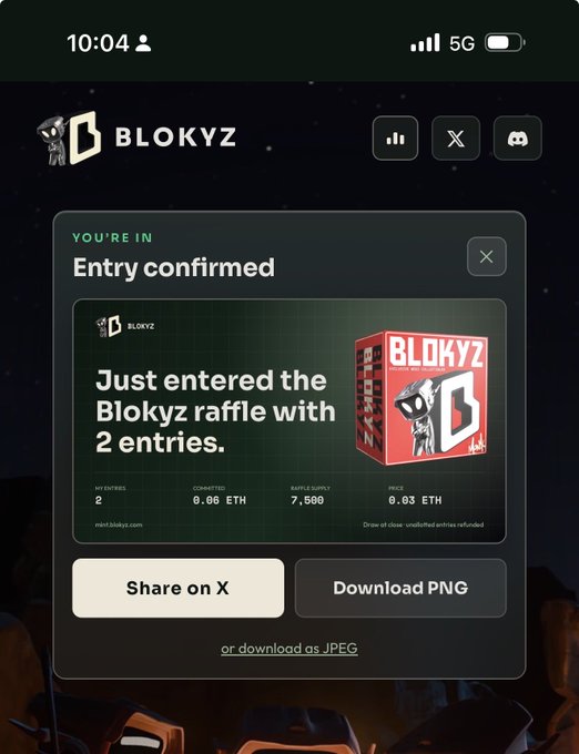 Screenshot of a BLOKYZ raffle confirmation page on mobile showing entry confirmed with 2 entries, 0.06 ETH committed, 7,500 raffle supply at 0.03 ETH price.