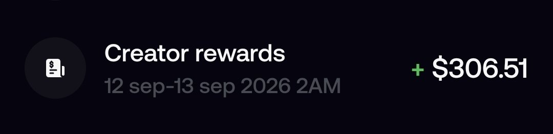 The image shows a "Creator rewards" notification of +$306.51 earned between 12 Sep and 13 Sep 2026 at 2AM, which the creator uses as proof that small creators can earn substantial income through platforms like Fomo and Pumpfun despite having under 200 followers.