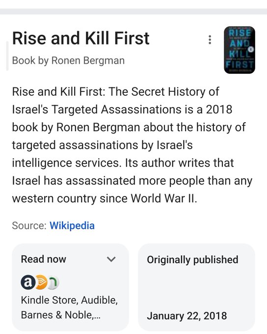 An information card for the book 'Rise and Kill First: The Secret History of Israel's Targeted Assassinations' by Ronen Bergman, originally published January 22, 2018.