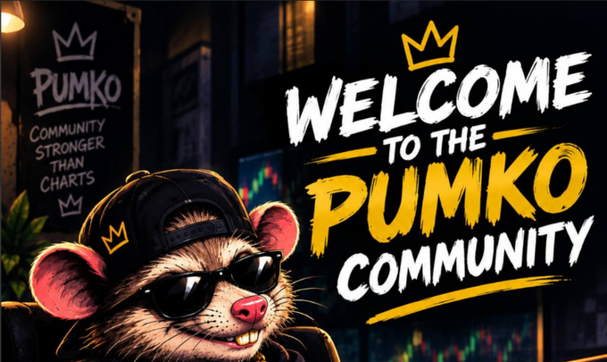A 'WELCOME TO THE PUMKO COMMUNITY' banner featuring a stylized cartoon mouse character wearing sunglasses and a black cap with a gold crown logo.