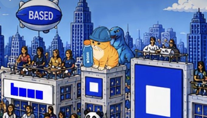 A blue dinosaur looms behind an orange cat wearing a blue cap and holding a "BASE" bottle, set against a vibrant cityscape with a "BASED" blimp overhead—visually echoing the playful caption about the dino eyeing the coveted base juice.