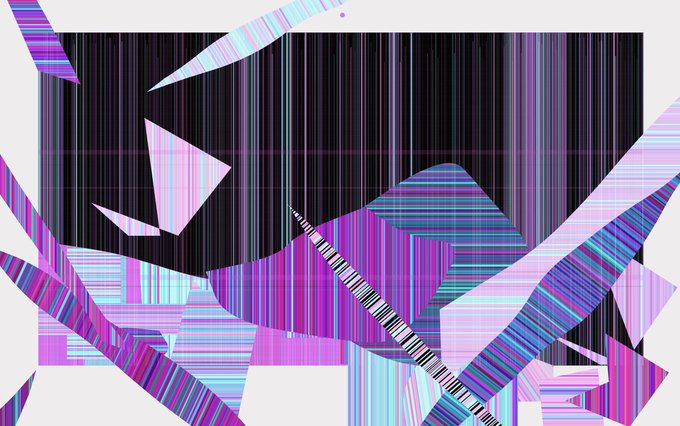 A glitch-style digital artwork featuring angular shapes in purple, pink, and teal with vertical striped patterns against a black background.
