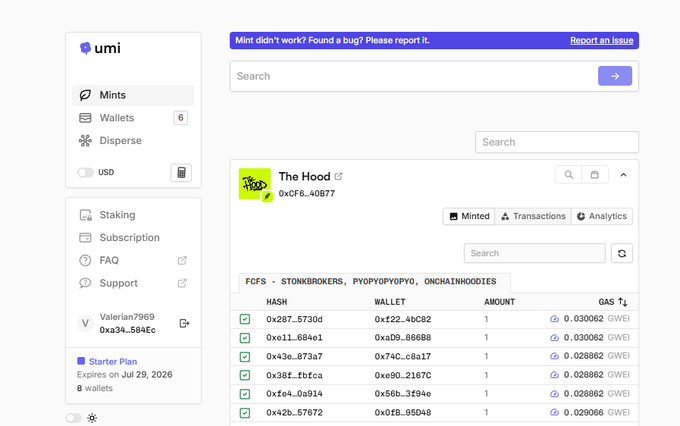 A screenshot of a dashboard called 'umi' showing a 'Mints' section with transaction hashes, wallet addresses, and amounts for a collection called 'The Hood' at address 0xcF6..40B77.