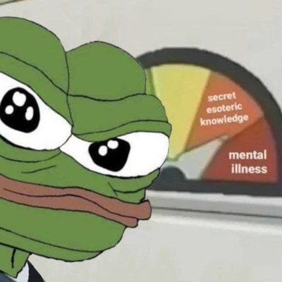 A Sad Pepe frog meme looks at a meter gauge where the needle points between "secret esoteric knowledge" and "mental illness".