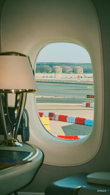 The image shows a view through an airplane window with a lamp in the foreground and an airport tarmac visible, including colorful red and blue barriers and large cylindrical storage tanks in the distance.

The image relates to the post by evoking a sense of travel and anticipation, perhaps mirroring the speculative journey toward the predicted $340,000 Bitcoin price target between halving cycles.
