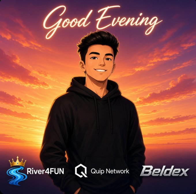 Anime-style illustration of a smiling young man in a black hoodie against a sunset sky, with "Good Evening" written at the top and logos for River4FUN, Quip Network, and Beldex at the bottom.