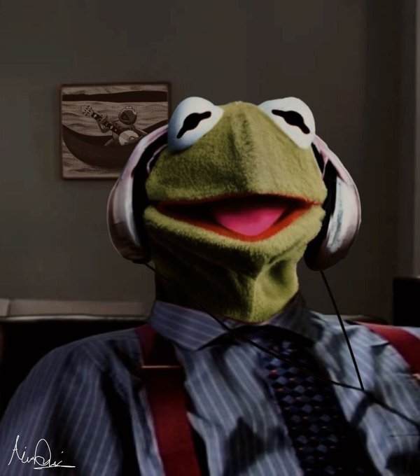 A detailed digital artwork of Kermit the Frog wearing silver headphones, a striped dress shirt, suspenders, and a patterned tie in a dimly lit room.