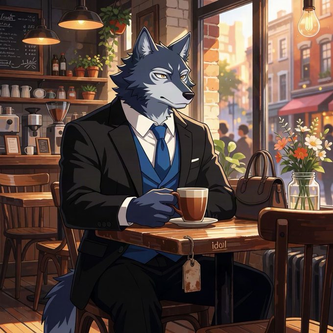 Anime-style illustration of a wolf-headed character dressed in a black suit and blue tie, sitting at a cafe table holding a cup of coffee.