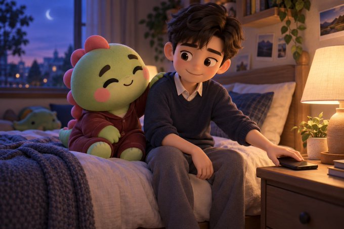 A 3D animated style image of a boy with messy brown hair sitting on a bed next to a green dinosaur plushie in a cozy bedroom setting at night.