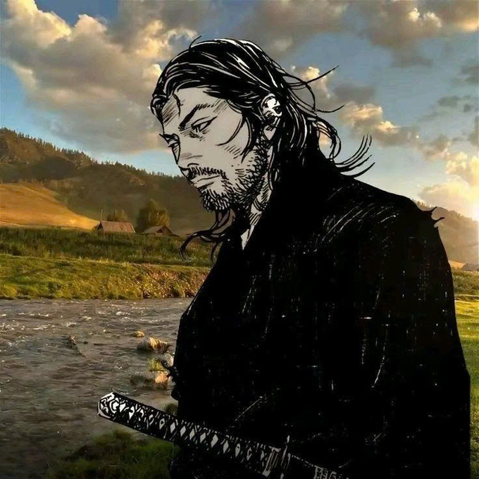 An illustrated comic-style portrait of a stern samurai with long dark hair and a beard, holding a katana sword with a black-wrapped hilt, set against a pastoral landscape with rolling hills, a small village, and a dramatic cloudy sky.