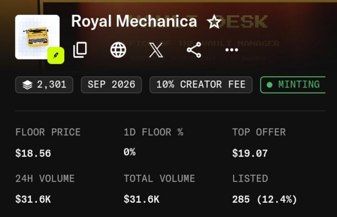 The image shows the Desky marketplace listing for the "Royal Mechanica" NFT collection, displaying a floor price of $18.56 and a top offer of $19.07 against a 1D floor change of 0%, with 285 items listed (12.4%). This aligns with the post's claim that the collection is trading around $18, notably higher than the $8 mint price the author paid, illustrating their profitable mint.