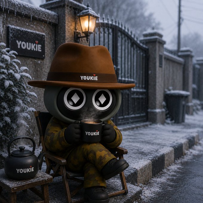 A wintry, cinematic scene shows a stylized owl-like character in a brown hat and camo outfit relaxing in a folding chair with a steaming mug beside a vintage kettle, all branded "YOUKIE," as snow falls outside an iron gate.

The image complements the post by personifying the "YOUKIE" brand as a quiet, contemplative observer of the swirling data and context of DeFi—mirroring the message that the real challenge lies in extracting insight from transactions and interactions.