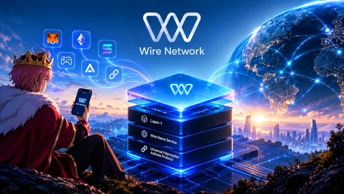 A promotional graphic for 'Wire Network' featuring a king wearing a crown looking at a phone, with a stacked cube display showing 'Layer-1', 'Wire Name Service', and 'Universal Symmetric Address Protocol' alongside a globe with network connections.