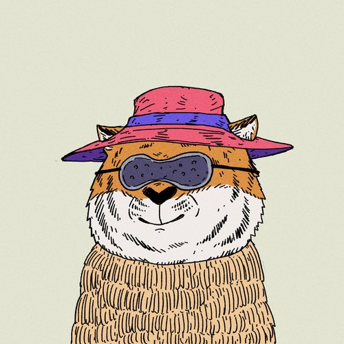 An illustration of a tiger wearing a wide-brimmed pink hat, purple sunglasses, and a textured brown sweater.
