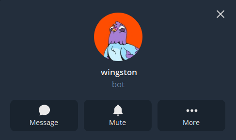 A Discord user profile popup for 'wingston' marked as a bot, featuring a purple and teal character avatar on an orange background, with Message, Mute, and More options.