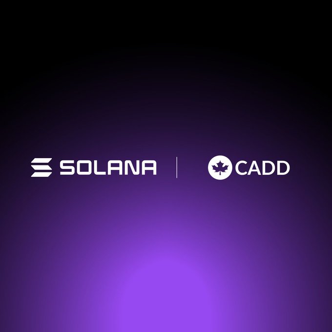 The image displays the white "SOLANA" logo with its triple-line symbol alongside the "CADD" logo featuring a maple leaf icon, separated by a vertical line on a black-to-purple gradient background. This visually represents the partnership announcement confirming CADD (Canadian dollar) from Tetra Digital Group launching on the Solana blockchain to bring the Canadian dollar onchain for payments, transfers, treasury, and settlement.