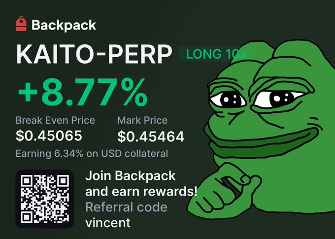 A promotional image for Backpack exchange featuring a Pepe the Frog mascot, displaying a KAITO-PERP LONG 10x position at +8.77%, with a break even price of $0.45065 and mark price of $0.45464, alongside a QR code and referral code "vincent." The image illustrates the successful long position referenced in the post, showing the trader currently in profit on their 10x leveraged bet ahead of the August 20th unlock.