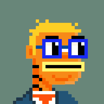 A pixel art character with orange fur, blonde hair, and large blue glasses against a teal background.