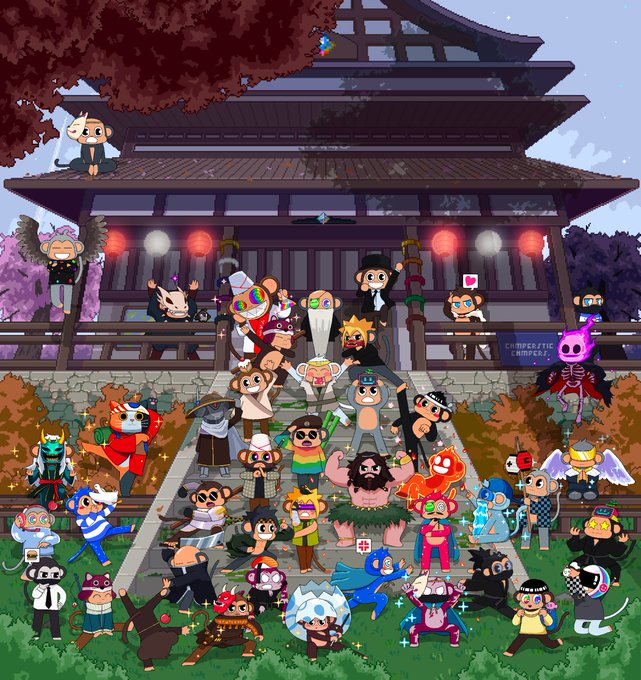 A vibrant illustration featuring a large group of cartoon monkey characters (CryptoPunks-style) gathered in front of a traditional Japanese temple, dressed in various colorful costumes.