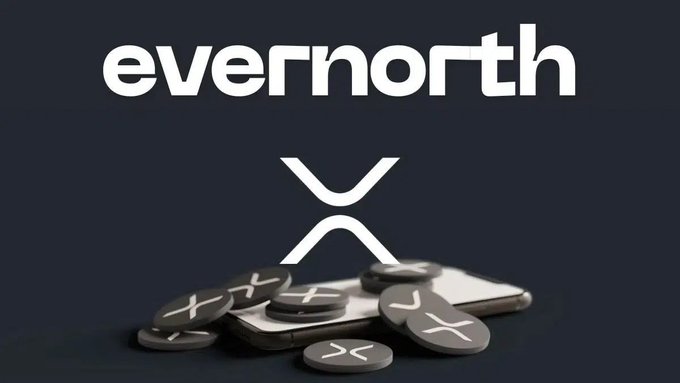 The evernorth logo in white text with its stylized 'X' symbol on a dark blue background, with physical XRP tokens scattered across a smartphone in the foreground.