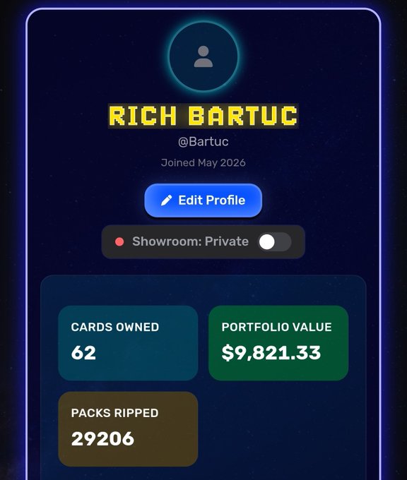 The image shows the profile of "Rich Bartuc" (@Bartuc) on Tilt Rips, displaying 62 cards owned, a portfolio value of $9,821.33, and 29,206 packs ripped—aligning with the post announcing his countdown to 30,000 packs ripped, with just 800 packs remaining.