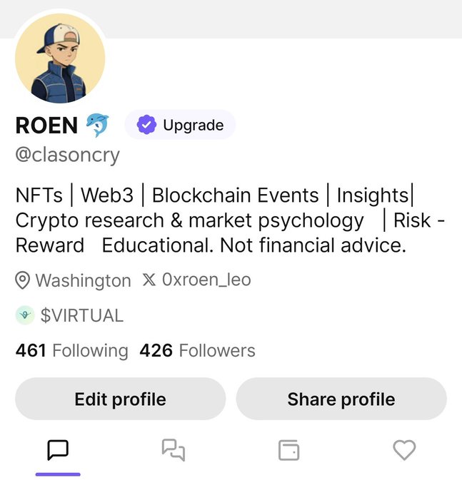 A Twitter/X profile for ROEN (@clasoncry) focused on NFTs, Web3, blockchain events, and crypto research, based in Washington with 426 followers.