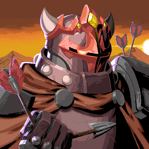 Pixel art portrait of an armored knight wearing a red horned helmet with arrows embedded in the armor.