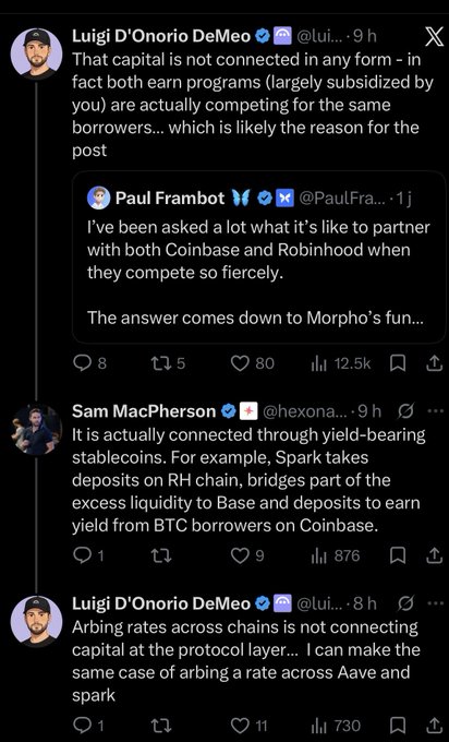 A Twitter/X thread discussing Morpho's fun... and Coinbase/Robinhood partnerships, featuring posts from Paul Frambot, Sam MacPherson, and Luigi D'Onorio DeMeo about yield-bearing stablecoins and arbing rates across Aave and Spark.