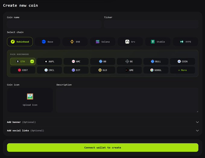 A "Create new coin" interface on Robinhood's launchpad, with ETH selected as the base pair and a prompt to "Connect wallet to create." The image illustrates the new ability to create coins paired with stocks like AAPL, AMC, and GOOGL, teasing the addition of a stock ticker feature to Robinhood Crypto.