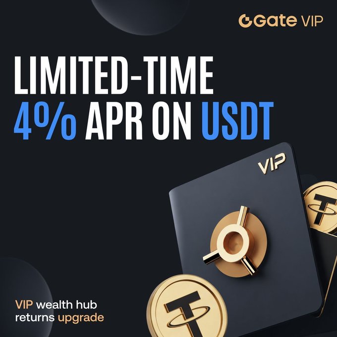 A Gate VIP promotional ad offering a "LIMITED-TIME 4% APR ON USDT" with "VIP wealth hub returns upgrade" text, featuring a VIP card and gold USDT (Tether) coins on a dark background. The image visually reinforces the post's offer of upgraded, VIP-exclusive fixed term returns on USDT holdings through the Gate platform's Wealth Hub.