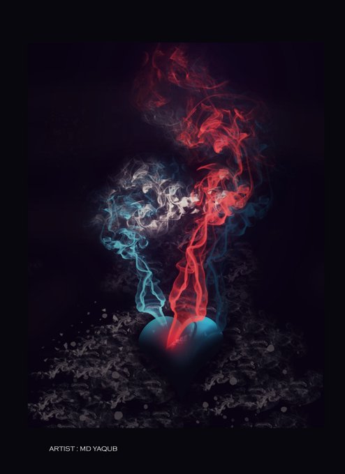 A dark digital artwork by MD YAQOUB shows a glowing blue heart at the bottom, emitting swirling trails of red and blue smoke-like energy upward against a black background.