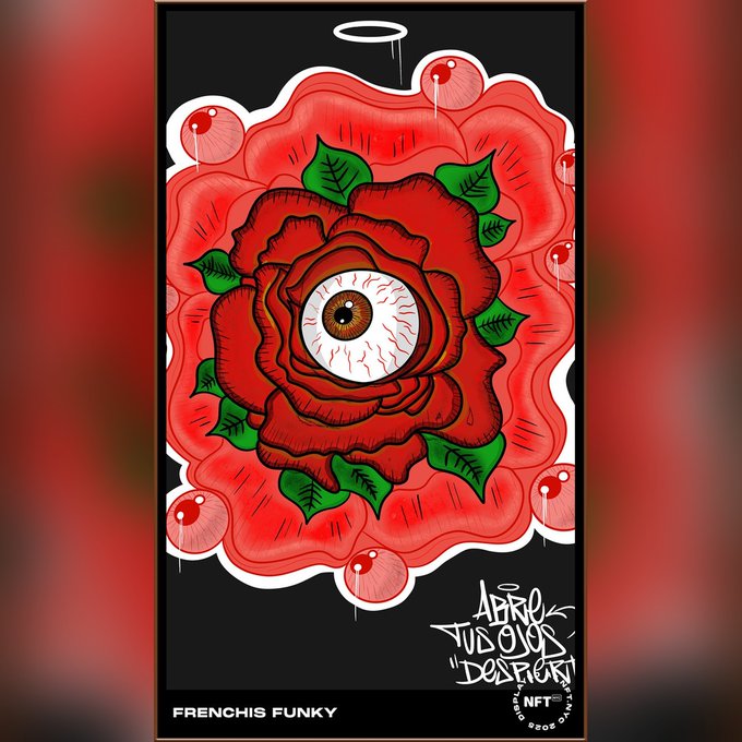 A vertical NFT artwork featuring a detailed red rose with an eyeball in its center, a halo above, and 'AFRO VODOUS DESIGNS' text with 'FRENCHIS FUNKY' and 'NFT Drop Series' branding at the bottom.