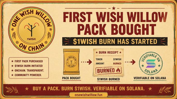 A promotional graphic for "ONE WISH WILLOW ON CHAIN" announces a "FIRST WISH WILLOW PACK BOUGHT" and "$1WISH BURN HAS STARTED," highlighting features like "FIRST PACK PURCHASED," "BURNED," and "VERIFIABLE ON SOLANA."