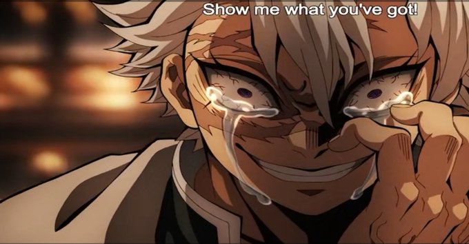 A close-up anime panel shows a white-haired character with tears streaming down their face, smiling intensely, with the text 'Show me what you've got!' at the top.