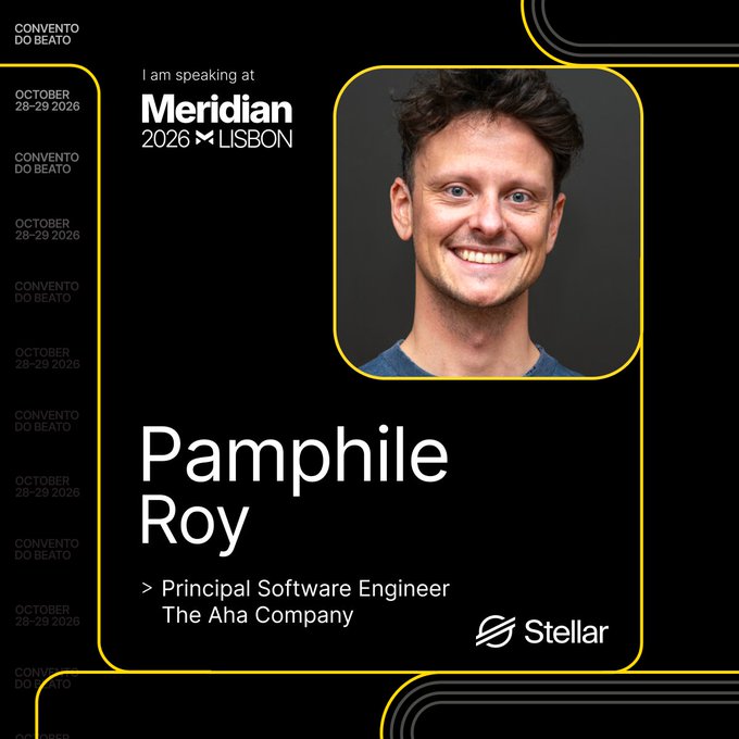 A conference speaker announcement card features a smiling man with text: 'I am speaking at Meridian 2026 LISBON', 'Pamphile Roy', 'Principal Software Engineer, The Aha Company', and the Stellar logo.