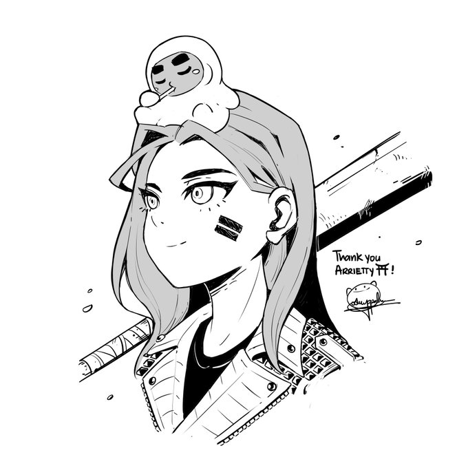 A black and white manga-style drawing of a smiling female warrior in armor with a small creature on her head, featuring the text "Thank you ARRIETTY ff!" and an artist signature.