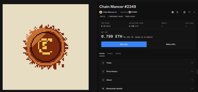 A digital listing page for 'Chain Mancer #2349' shows a pixelated token graphic priced at '0.799 ETH' ($1,528.76) with options to 'Buy now' or 'Make offer.'