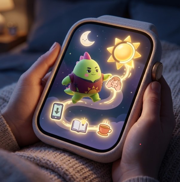An illustration depicts hands holding a tablet displaying a cute green character under a night sky with a moon and sun, alongside glowing icons of a book, phone, and coffee cup.