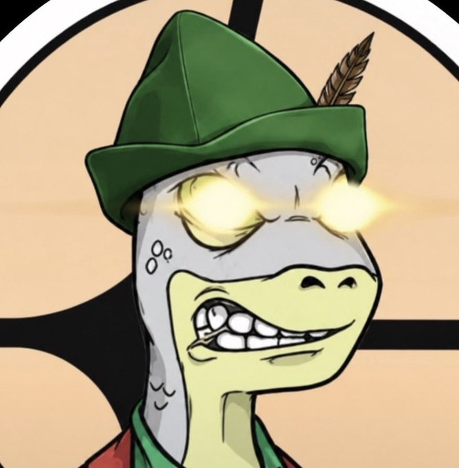 An animated reptilian character wearing a green hat with a feather and glowing yellow eyes, likely representing the cryptocurrency $VLAD, is featured in this image. The character's aggressive expression and attire align with the post's declaration of support for "$VLAD and Robinhood" in a conflict involving "Pumpfun."