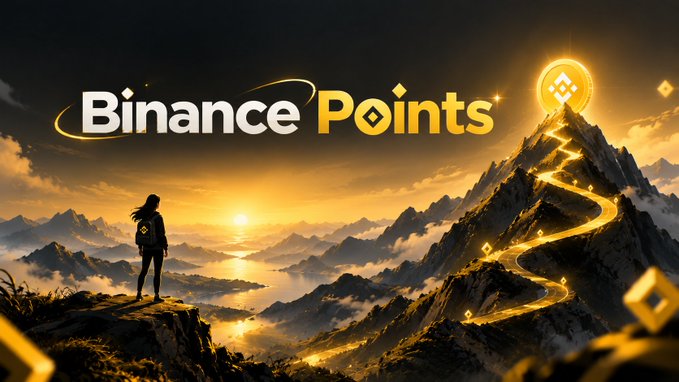A promotional image for 'Binance Points' showing a person standing on a mountain cliff overlooking a sunset, with a glowing golden path and cryptocurrency coins leading up to a Binance logo.