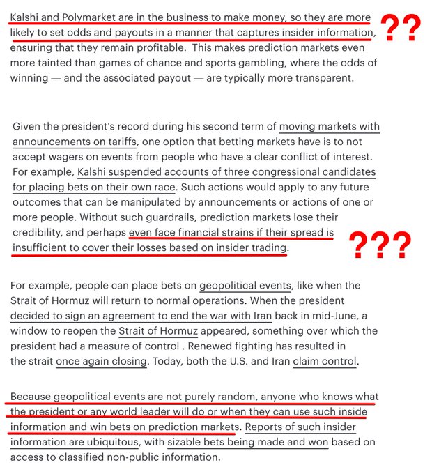 The image shows an article excerpt with passages underlined in red and annotated with "???" and "???", highlighting claims that prediction markets like Kalshi and Polymarket capture insider information and face financial risk from insider trading—arguments the poster dismisses as a flawed "slop hit piece" misunderstanding how prediction markets differ from sportsbooks.