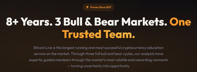 A promotional graphic for Bitcoin Live featuring the tagline "Proven Since 2017" and the headline "8+ Years. 3 Bull & Bear Markets. One Trusted Team." The text describes the service as the longest-running cryptocurrency education platform, having guided members through three full market cycles with expert analysts—aligning with the post's introduction of the team's institutional-grade crypto market commentary and featured analysts.