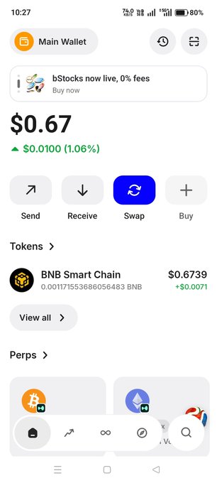A screenshot of a cryptocurrency wallet app showing a Main Wallet balance of $0.67, with options to Send, Receive, Swap, and Buy, and a listing for BNB Smart Chain token valued at $0.6739.
