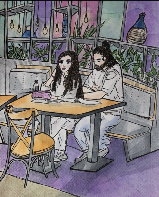 The image depicts a man and woman sitting at a table with a book open between them. The scene takes place in an art gallery, where they are surrounded by various pieces of artwork. A vase can be seen nearby, adding to the artistic atmosphere. The couple appears to be engaged in conversation or studying together, creating a sense of connection and shared interest.