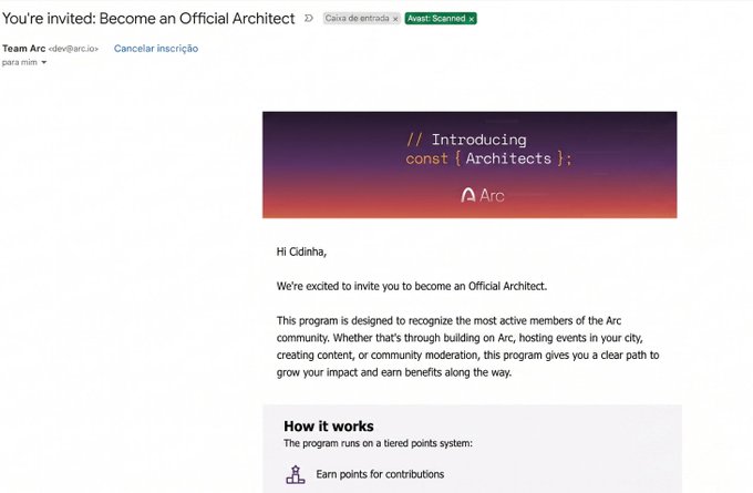 An email invitation from Team Arc to 'Become an Official Architect', explaining a tiered points program to recognize active members of the Arc community.