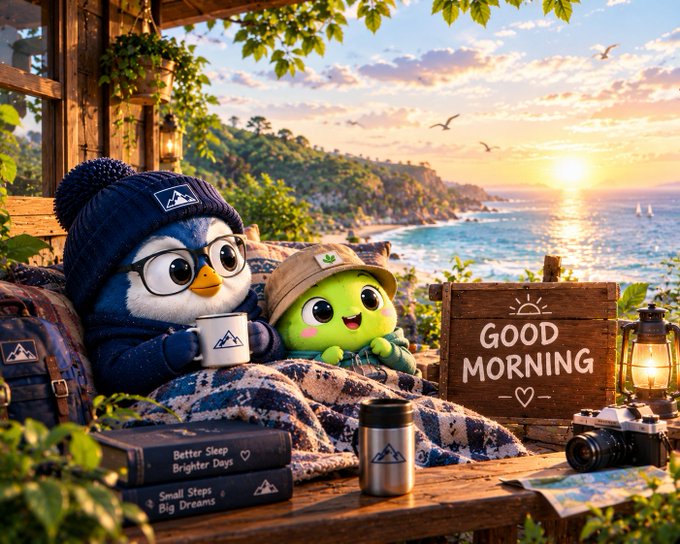 Wholesome 'Good Morning' image featuring cute penguin and green mascot characters with coffee mugs at a wooden cabin overlooking a beach sunrise.